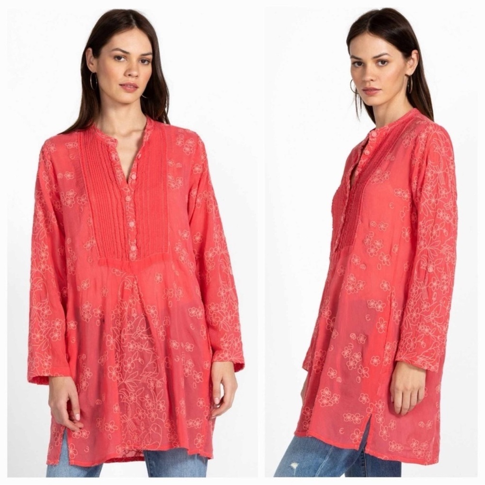 Johnny Was Birdie Marisol Embroidered Long Sleeve Tunic Top Coral Pink SZ M Boho